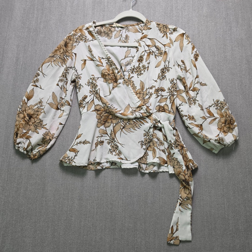 Meraki Wrap Top Women M White Tan Floral Surplice Balloon Sleeve Peplum Blouse